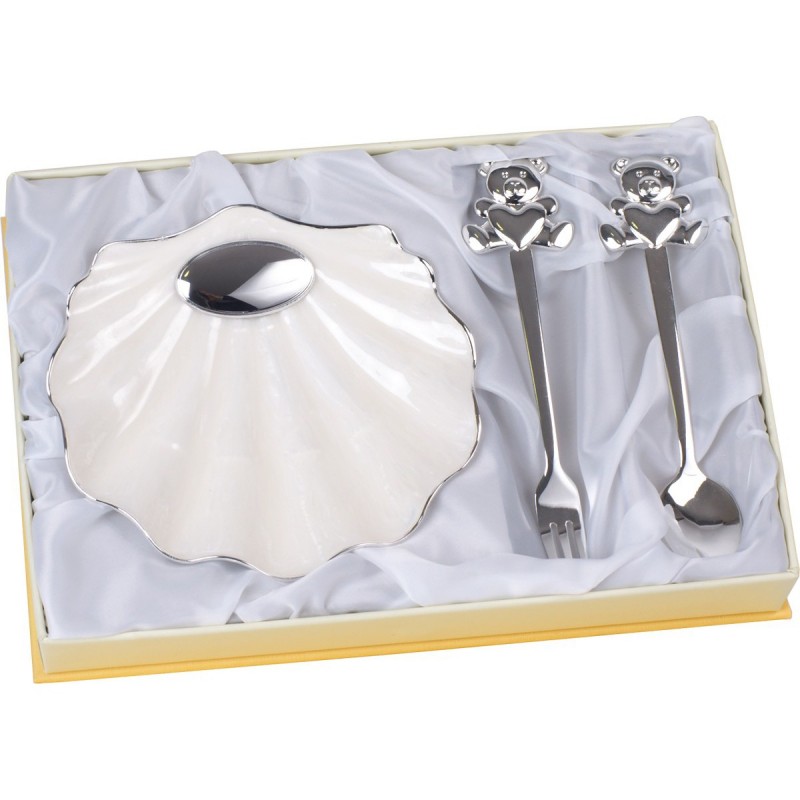 Estuche 2 Cubiertos Y Concha Bautismo Metalica Esmalte