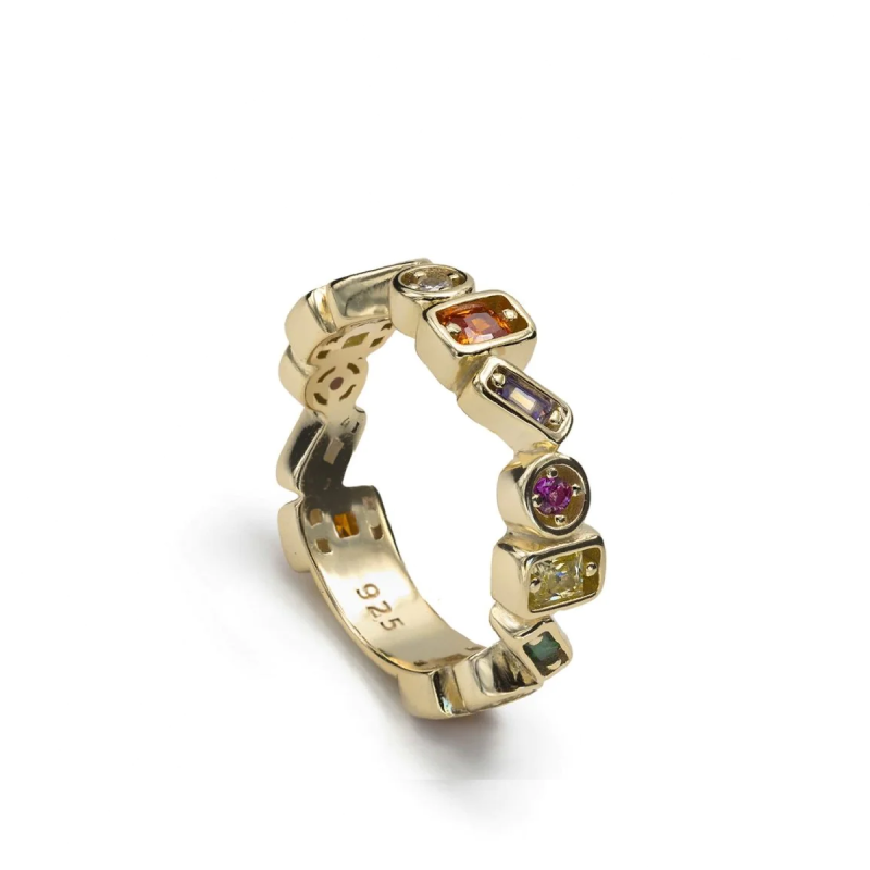 Anillo  Plata Bañada En Oro Piedras Color