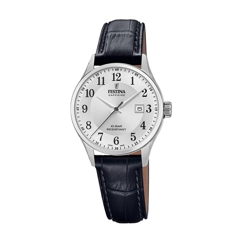 Reloj Festina Mujer Swiss Made F20009/5 Correa de Cuero Negra y Caja de Acero Inoxidable
