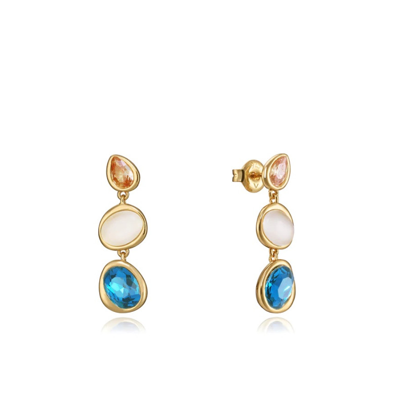 Pendientes Elegant de plata de ley con baño de oro, colgantes con circonita azul, champagne y ojo de gato en blanco