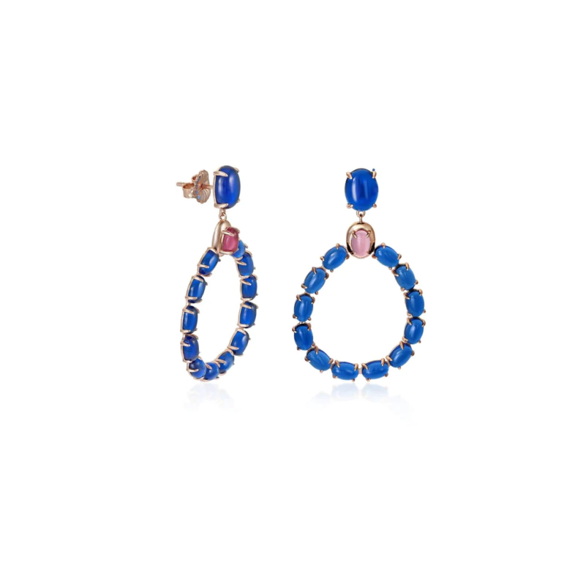 Pendientes Plata Rosa Colgante Circonitas Azurita y Rosa