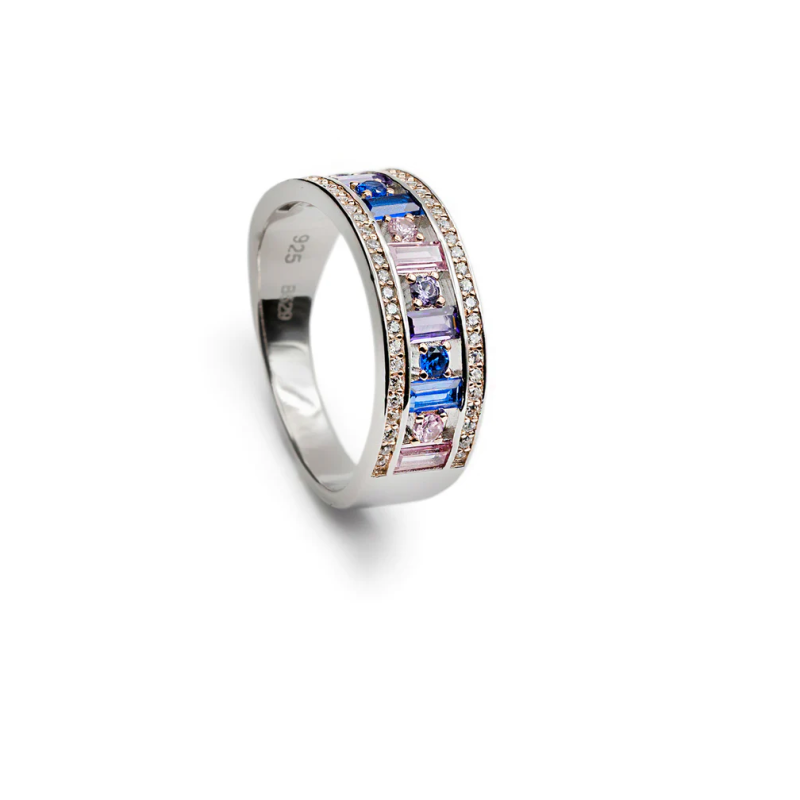 Anillo Mujer Plata de Ley Zirconitas Baguettes Colores