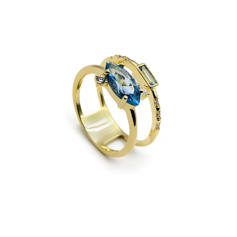 Anillo Mujer Plata Dorada Doble Piedras Multicolor