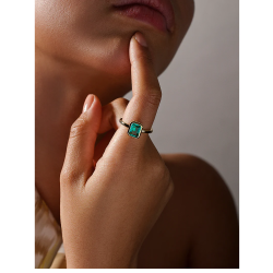 Anillo Mujer Plata 925ml Baño Oro Piedra Talla Esmeralda Tono Aventurina Talla 14