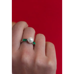 Anillo Mujer Plata Perla Majorica Circonita Verde Talla 15