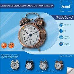 Despertador Campana Metalico Blanco Mediano Silencioso y Luz S-2036-1
