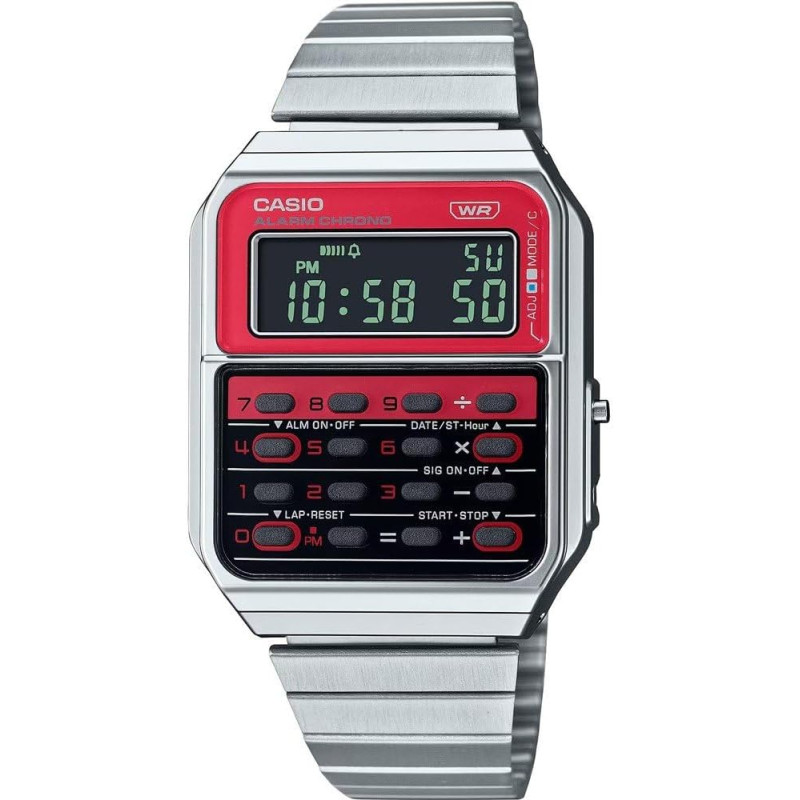 Reloj Casio Digital Plata Negro Rojo Calculadora Ca-500we-4bef