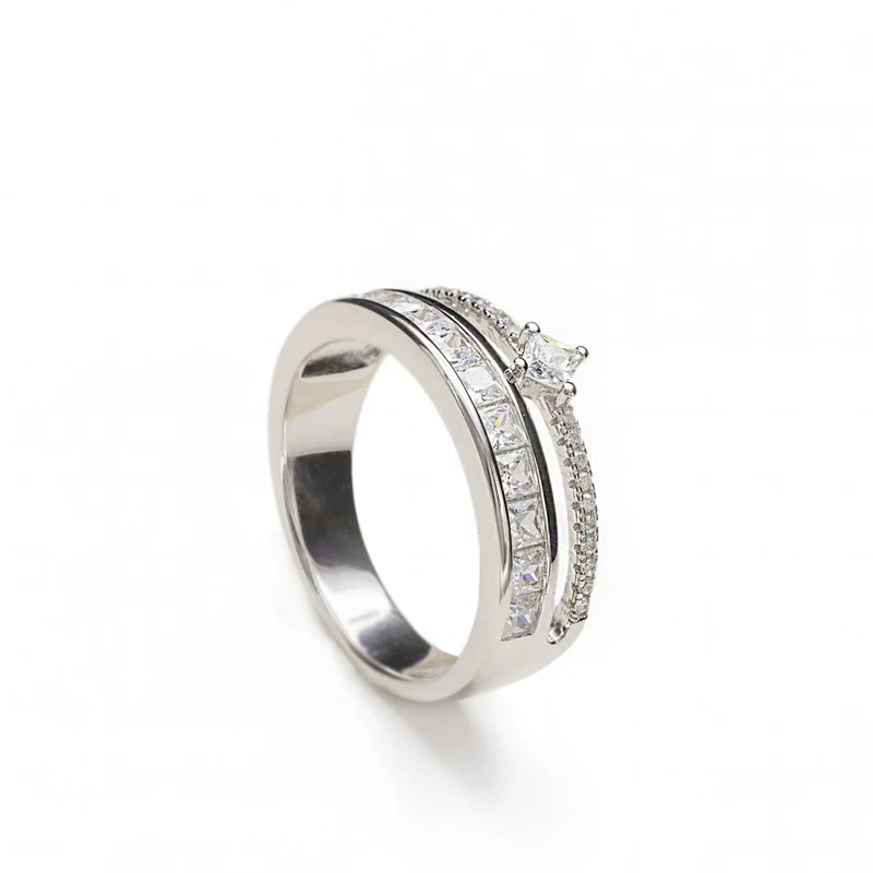 Anillo Mujer Plata Doble Circonitas Solitario + Carril Talla 14