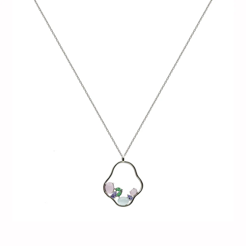 Collar Plata Mujer Piedras Color Rosa Verde