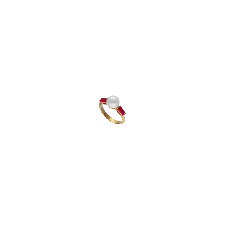 Anillo Mujer Plata Dorada Majorica Perla Piedras Rojas