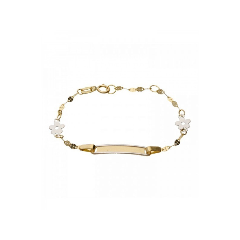 Pulsera Oro 18k Bicolor Infantil Flor con Chapa Personalizable Bebe Niña