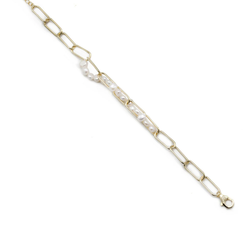 Pulsera Plata Dorada Perlas Mujer Perlas Blancas 20.5cm Total