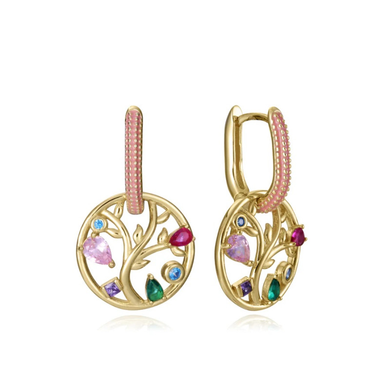 Pendientes de plata de primera ley con baño de oro y aro con arbol de la vida 15125e100-39
