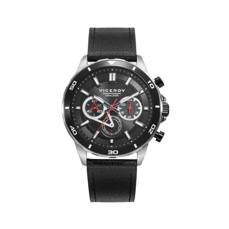 Reloj caja de acero con bisel de aluminio negro 10 atm y correa de piel negra con movimiento cuarzo 46845-57