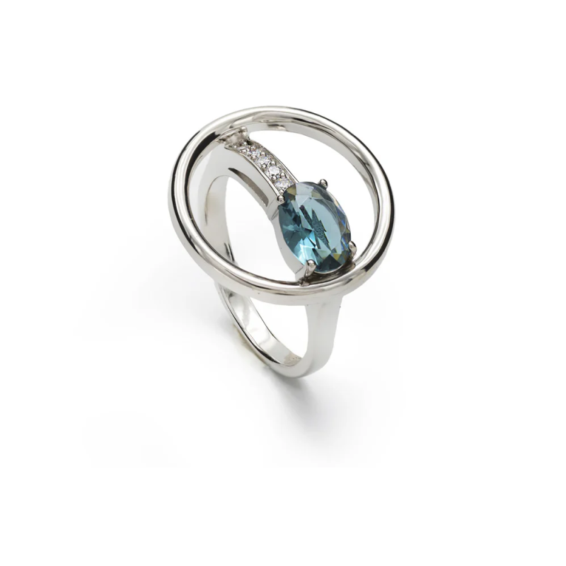 Anillo Plata Circulo Piedra Azul Bluecianita Circonitas Mujer Talla 14
