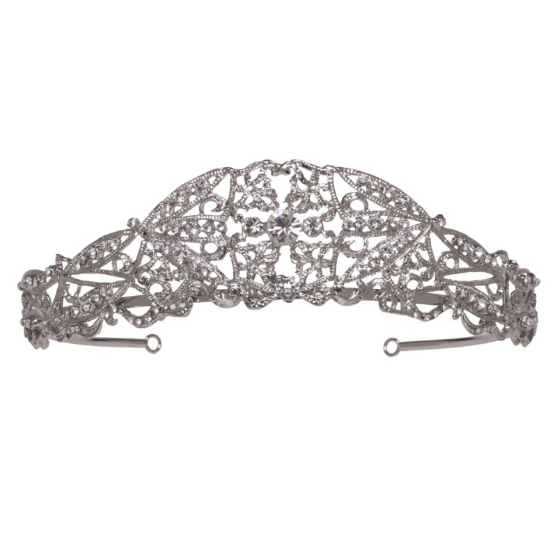 Tiara Novia Fiorella Plateada con Cristales Estilo Clásico 14 x 3,5 cm