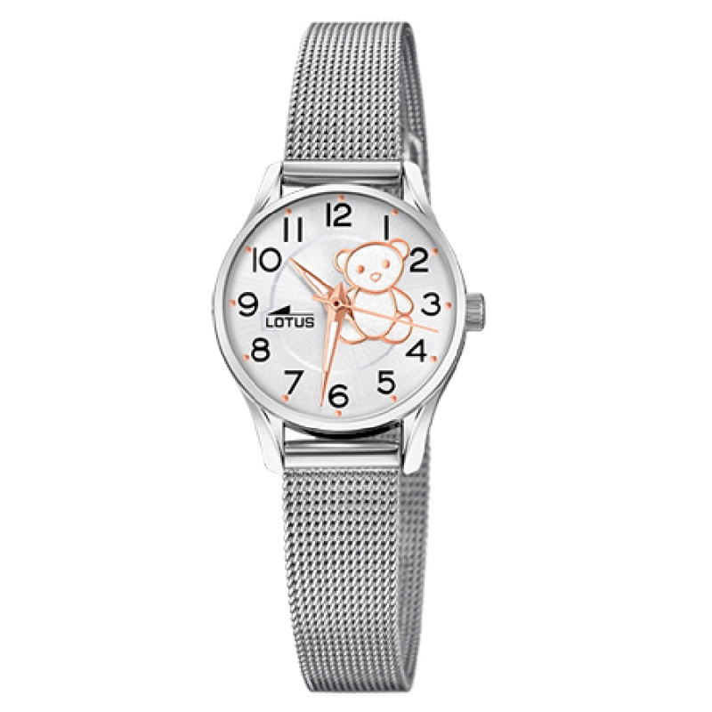Reloj Lotus Niña Esfera Blanca Osito Malla Acero Inoxidable 18571/f