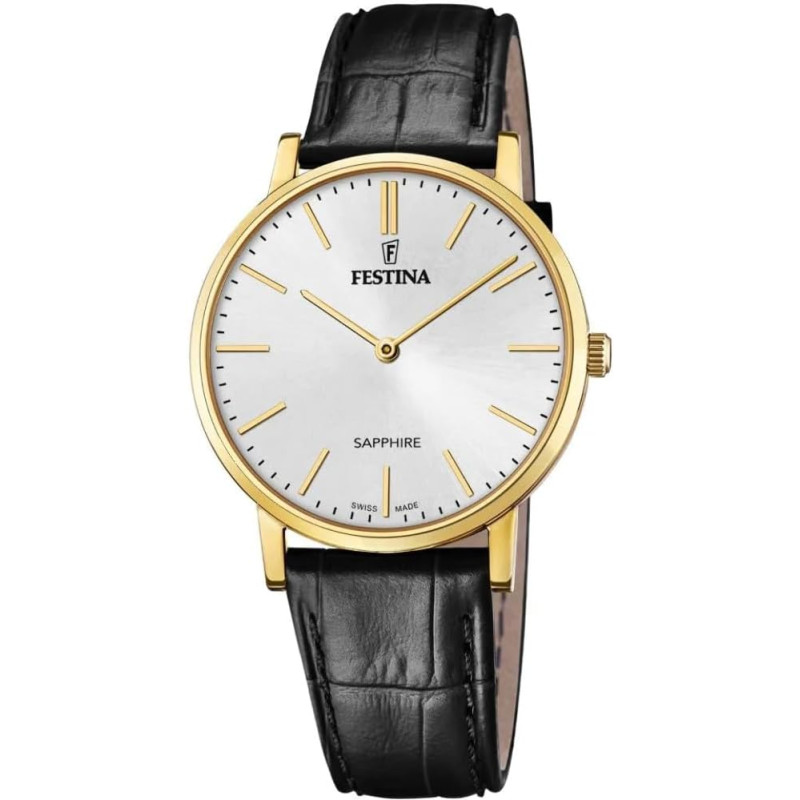Reloj Festina Hombre Swiss Made F20016/5 Esfera Blanca con Correa de Cuero Negro y Cristal de ZafiroF20016/1