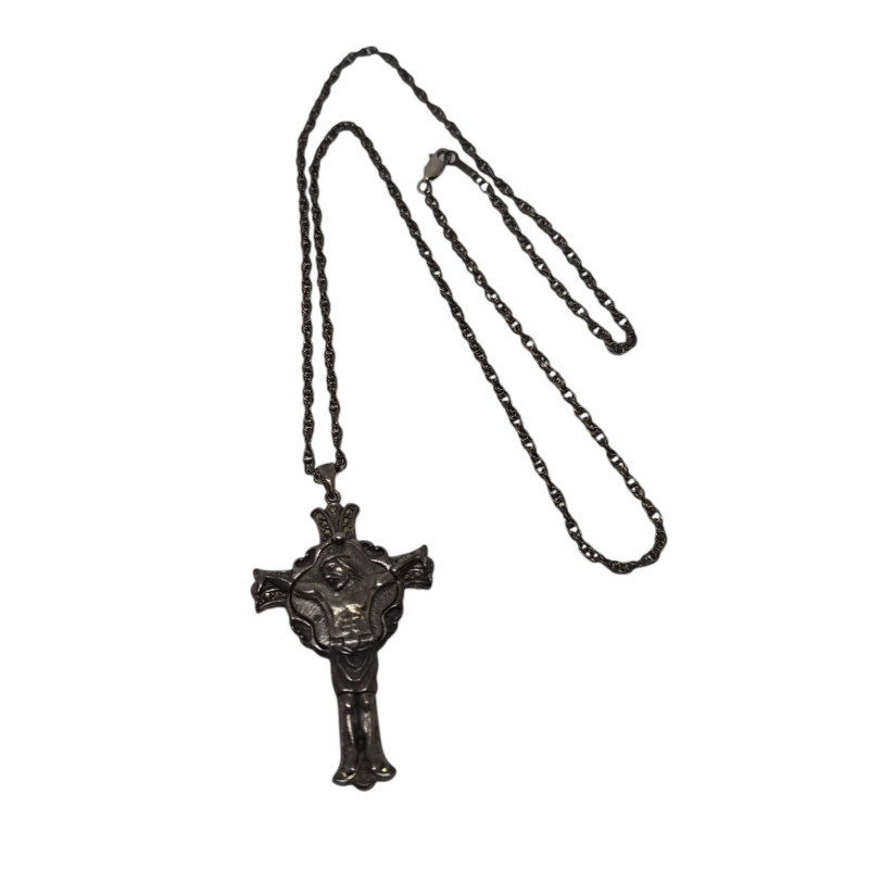Reloj Cuarzo en Plata Cruz Con Cadena de Plata envejecida 60 cm
