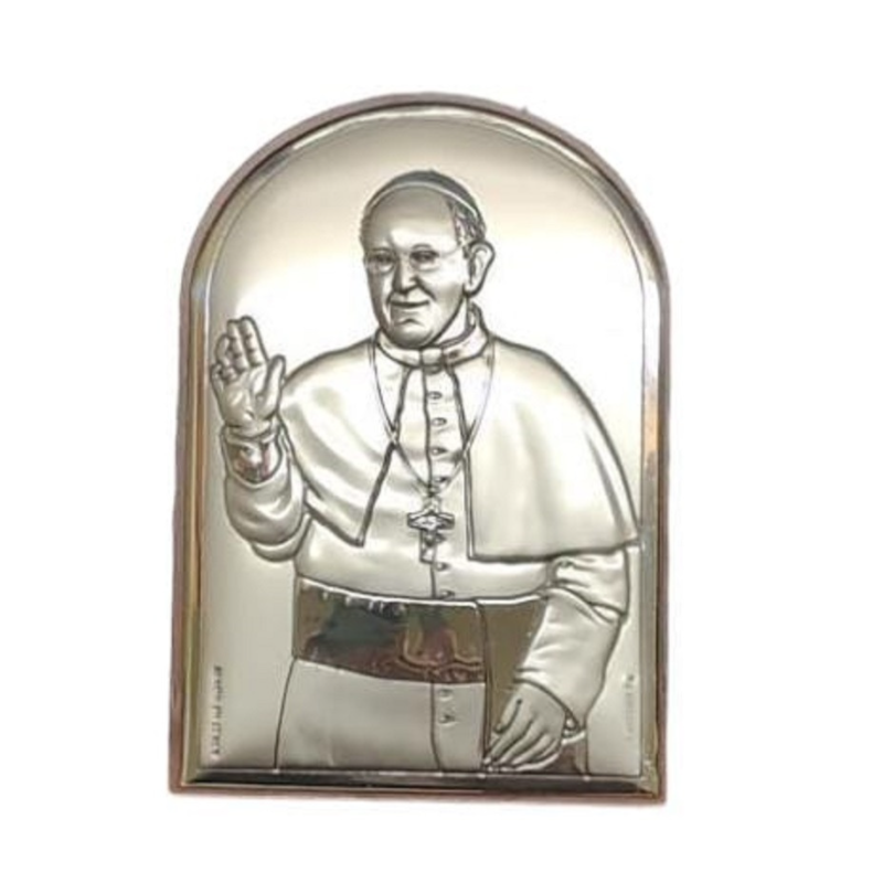 Icono Papa Francisco 5x7 Cm Laminado Plata y madera