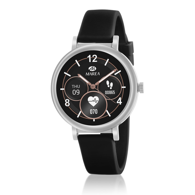 Reloj Marea Smart B61002/10 Mujer  – Smartwatch Deportivo IP68 con Pulsómetro y Correa Negra de Caucho, 40 mm