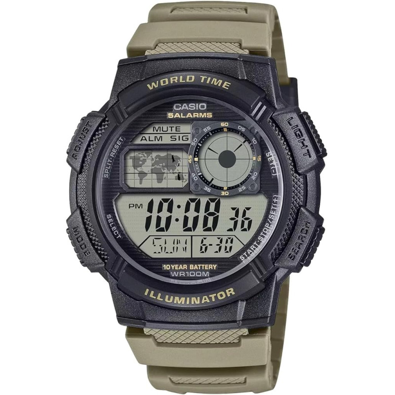 Reloj Casio Digital AE-100W-5AVEF Hombre – Resina, LED Ámbar, 10 Bar y Hora Mundial
