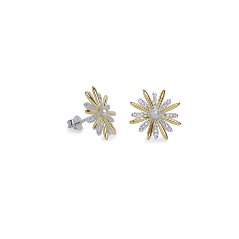 Pendientes de Mujer Lineargent Flor de Plata Dorada con Circonitas y Perla 3mm – Ref. 19862-A