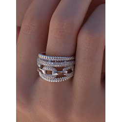 Anillo de Mujer en Plata 925 Grande con Cuatro Bandas y Eslabones con Circonitas – Lineargent Ref. 18526-R (Talla 16)