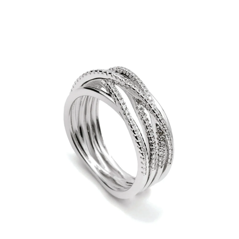 Anillo Plata 925 para Mujer con Bandas Entrelazadas y Circonitas Blancas – Talla 16