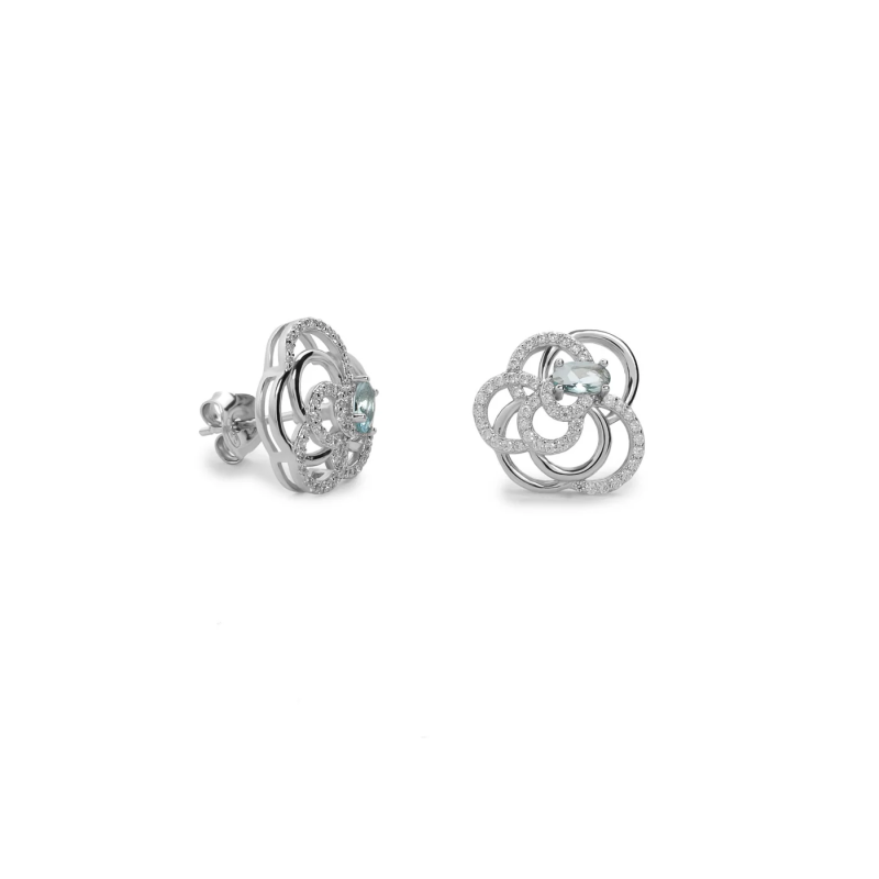 Pendientes Plata 925 Lineargent 20024-A con Diseño Floral y Circonitas – Flor entre Círculos con Circonita Azul Oval