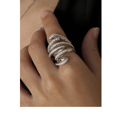 Anillo Grande de Plata 925 con Baño de Rodio y Circonitas – Diseño Sinuoso y Espectacular - Talla 14- Mujer Fiesta