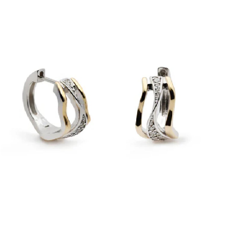 Pendientes de Aro de Plata 925 Dorados con Banda Ondulada de Circonitas – Cierre Fácil - Lineargent 20167-A