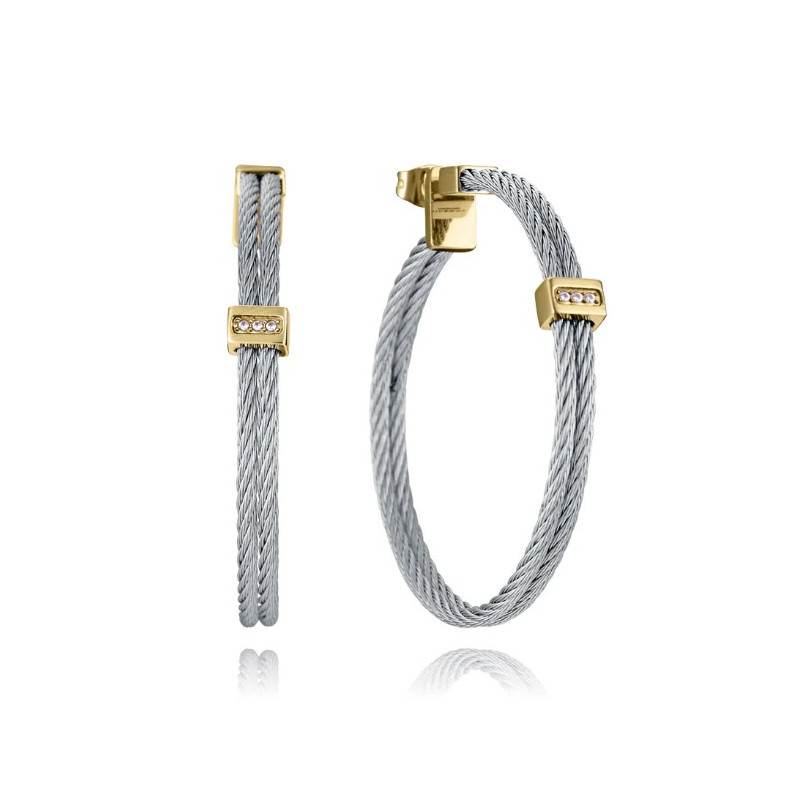 Pendientes de mujer de acero Ip dorado doble cable unido con barra con circonitas 15193e01000