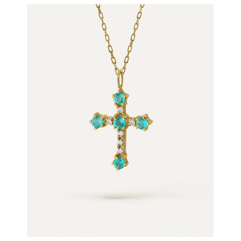 Cruz para mujer de oro amarillo 9k con topacios color Paraiba y circonitas – BEA SOLDADO (Cadena 50 cm)
