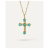 Cruz para mujer de oro amarillo 9k con topacios color Paraiba y circonitas – BEA SOLDADO (Cadena 50 cm)