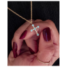 Cruz para mujer de oro amarillo 9k con topacios color Paraiba y circonitas – BEA SOLDADO (Cadena 50 cm)