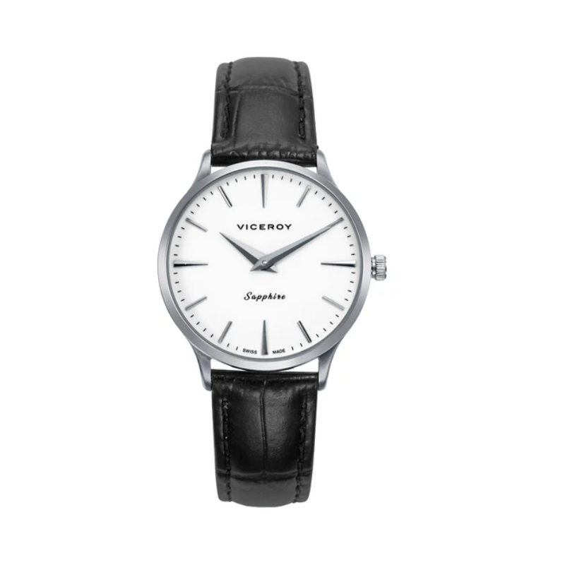 Reloj Mujer Swiss Made Elegante Acero 32 mm Zafiro Correa Piel Negra 5 ATM 45116-07