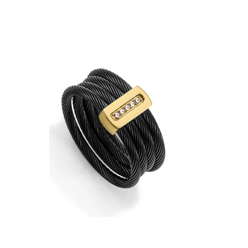 Anillo Mujer Acero IP Negro y Dorado con Circonitas Diseño Cables Bicolor Talla16
