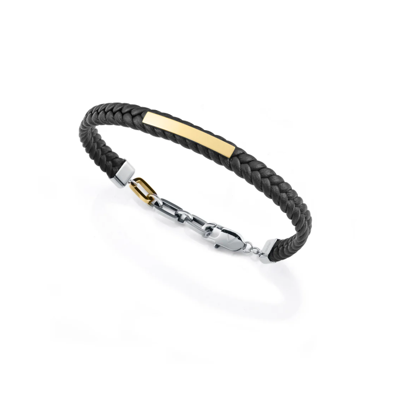 Pulsera Viceroy Hombre 14332P01012 Acero IP Dorado con Placa y Piel Trenzada Negra 19,5+3 cm