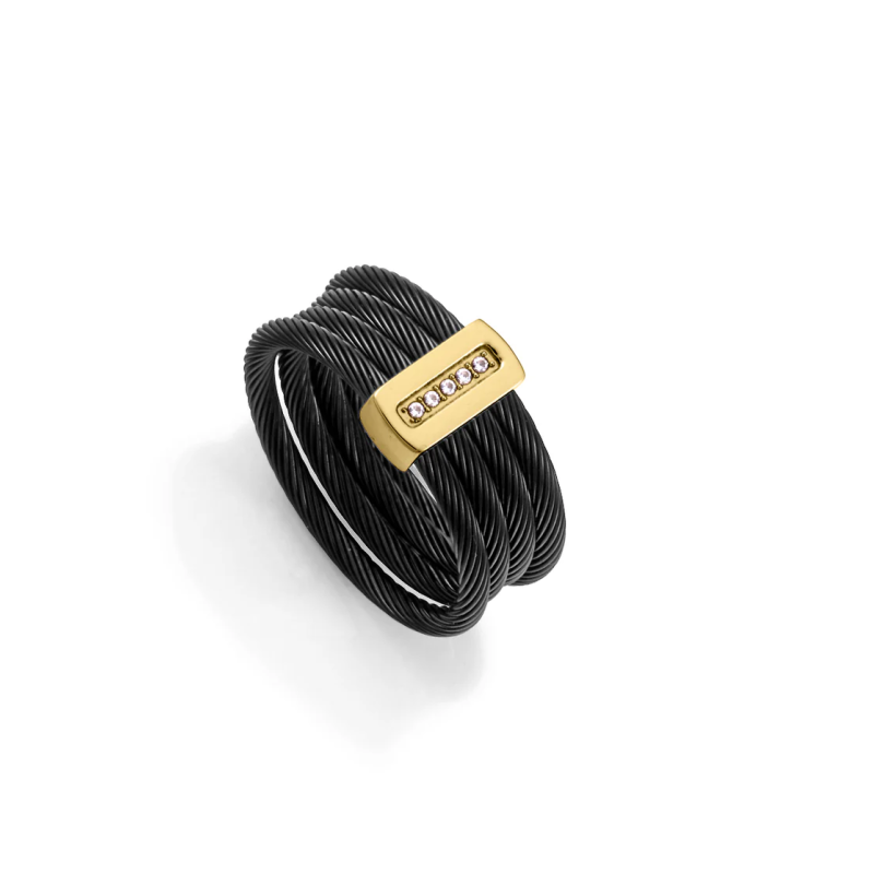 Anillo Mujer Acero IP Negro y Dorado con Circonitas Diseño Cables Bicolor Talla18