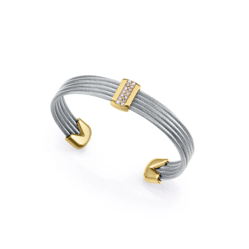 Pulsera Mujer Brazalete Acero IP Dorado con Circonitas y Cables Bicolor 5,8 cm