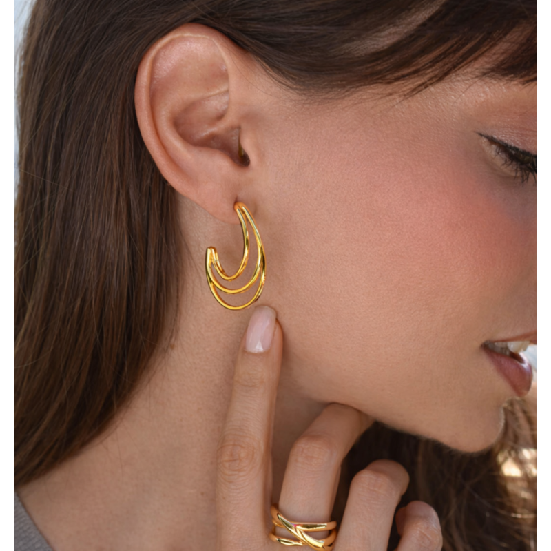Pendientes Largos de Plata 925 Dorada con Triple Aro para Mujer- Lineargent 19570-G-A