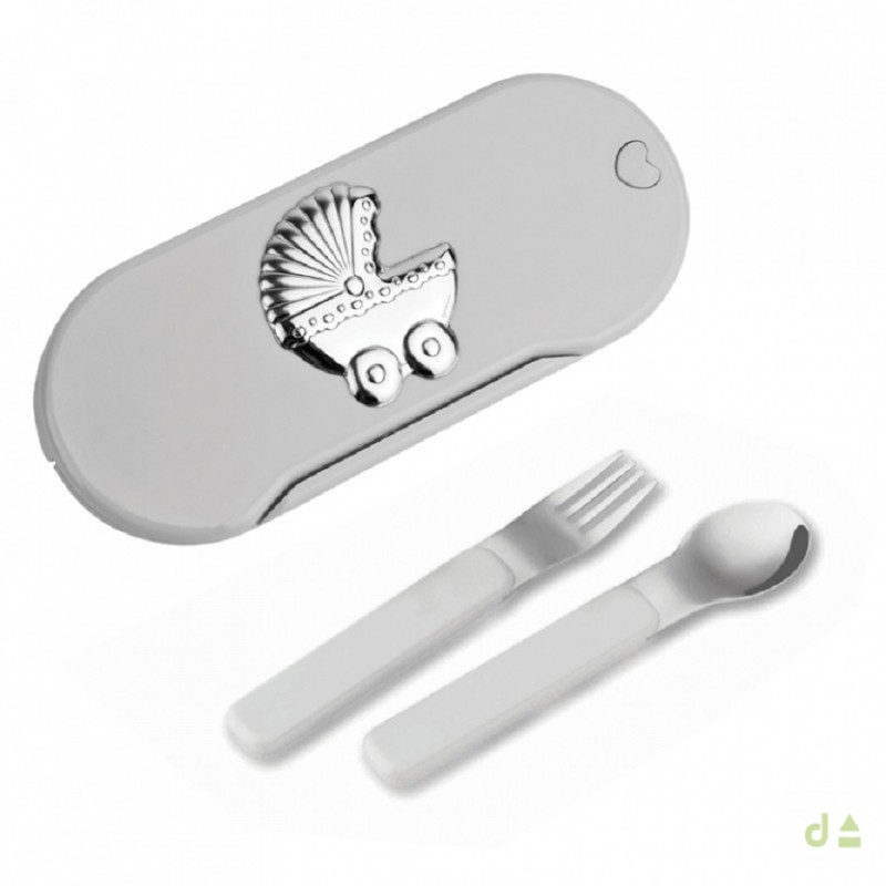 Conjunto Cubiertos Bebé Blanco Coche Bilaminado de Plata 2 Piezas
