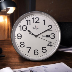 Reloj de Oficina Redondo 25,3 cm con Día de la Semana y Fecha Esfera Blanca Números Negros Caja Gris