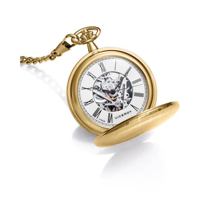 Reloj de Bolsillo Hombre Mecánico 50,7 mm IP Dorado Esfera Blanca Caja Metal Brass Cadena Acero