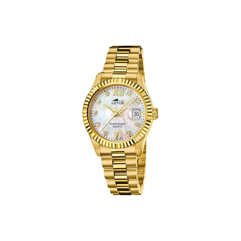 Reloj Lotus Mujer 18932/1 Freedom Dorado Acero Inox 316L Cuarzo Calendario Cristal Mineral 10 ATM