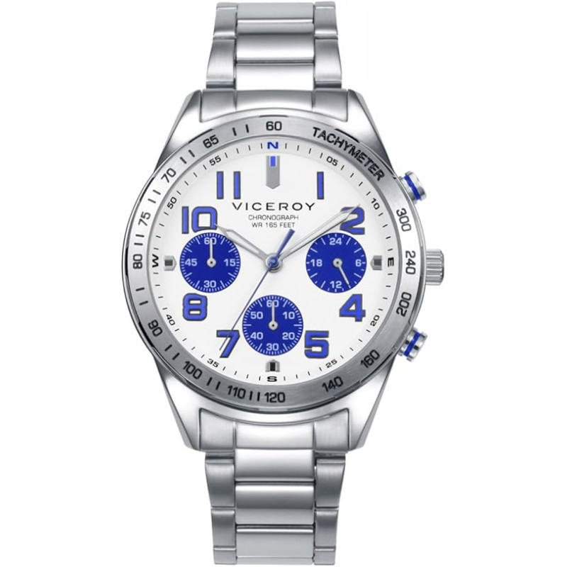 Reloj Viceroy Niño Cronógrafo 401477-04 Acero Esfera Blanca 37 mm 50 m + Pulsera Cruz Regalo