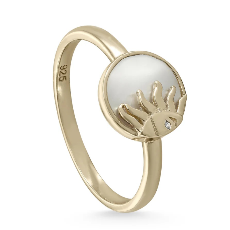 Anillo Mujer Plata Dorada Estrella y Luna con Nácar Estilo Sello LineArgent