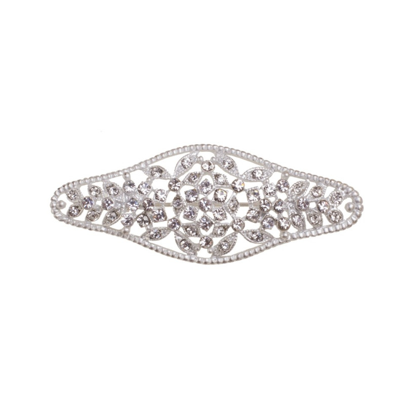Broche Mantilla Plateado con Cristal Líneas Onduladas 6,5 x 2,7 cm para Novia y Fiesta
