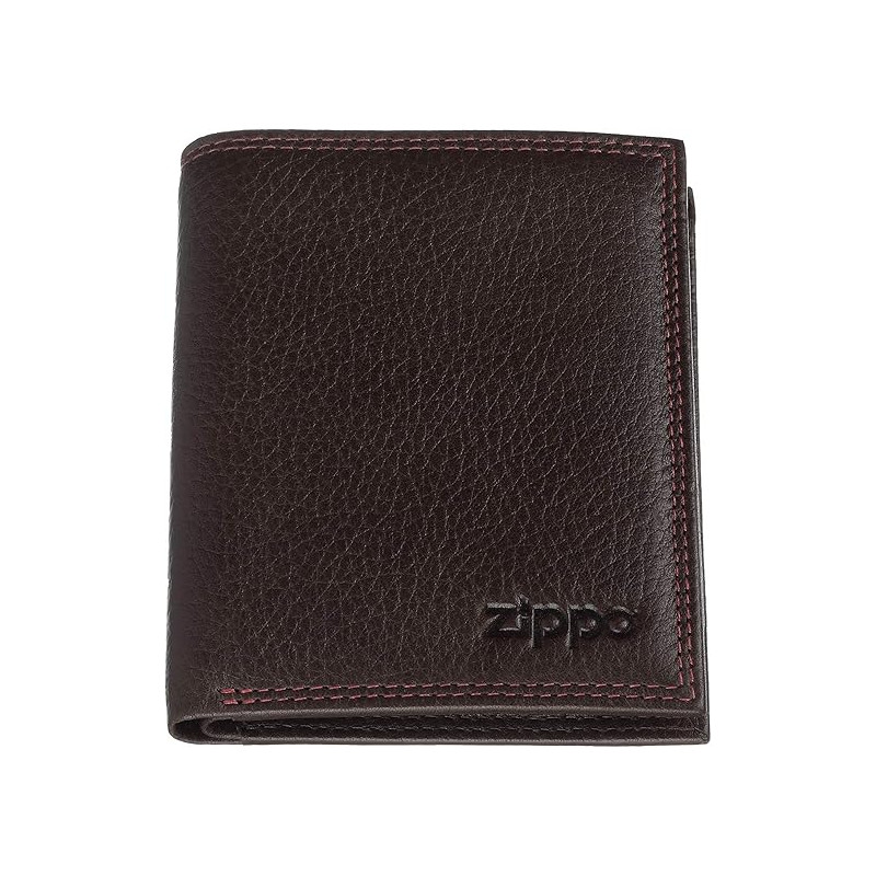 Cartera Zippo Tri-Fold Marrón Piel Nappa Vertical con Múltiples Compartimentos